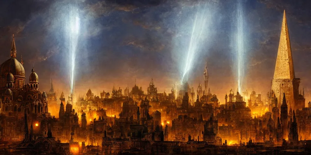 Image similar to magical city of the great tartarian empire adorned with amazing lost technology, lighting resembling fireflies, spires from rooftops collecting and distributing etheric energy, the centerpiece of the city is a colossal ancient pyramid made of metal, cityscape, combining intense detail & utmost quality, late 1 8 0 0 s photography christian hecker, artstation, - h 8 3 2