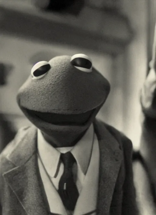 Image similar to film still of Kermit the frog as Oskar Schindler in Schindler's List, 4k