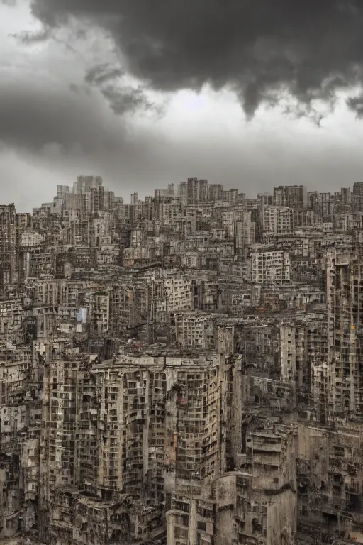 Prompt: cinematic frame of weathered high rise slums made of silver and gold glistening and dramatic clouds in the background