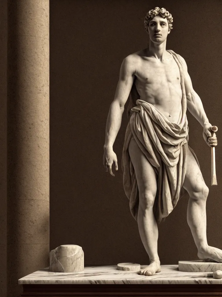 Prompt: a full body image of a twenty - something michelangelo standing in contrapposto wearing peasant clothing of the renaissance. a chisel and mallet sit on a table nearby. a large block of marble dominates the background. photorealistic, hyperdetailed, studio lighting, octane render, caustics