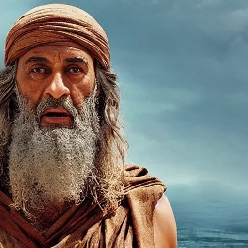 Image similar to Mediterranean man as Moses in a movie directed by Christopher Nolan, movie still frame, promotional image, imax 70 mm footage