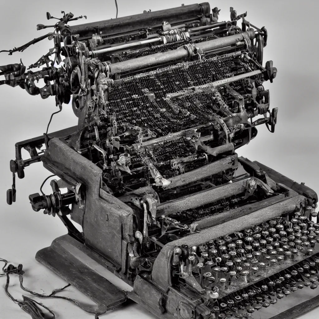 Prompt: product photo of a typewriter designed by hr giger