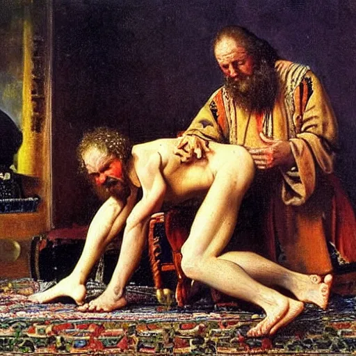 Prompt: curly haired australian greaving the loss of his toe nail in the style of ivan the terrible and his son ivan on 1 6 november 1 5 8 1 a painting by russian realist artist ilya repin