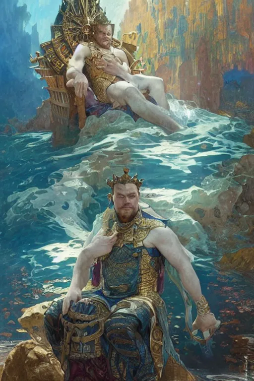 Image similar to The King of Atlantis sitting on his throne, portrait by Stanley Artgerm Lau, greg rutkowski, thomas kindkade, alphonse mucha, loish, norman Rockwell