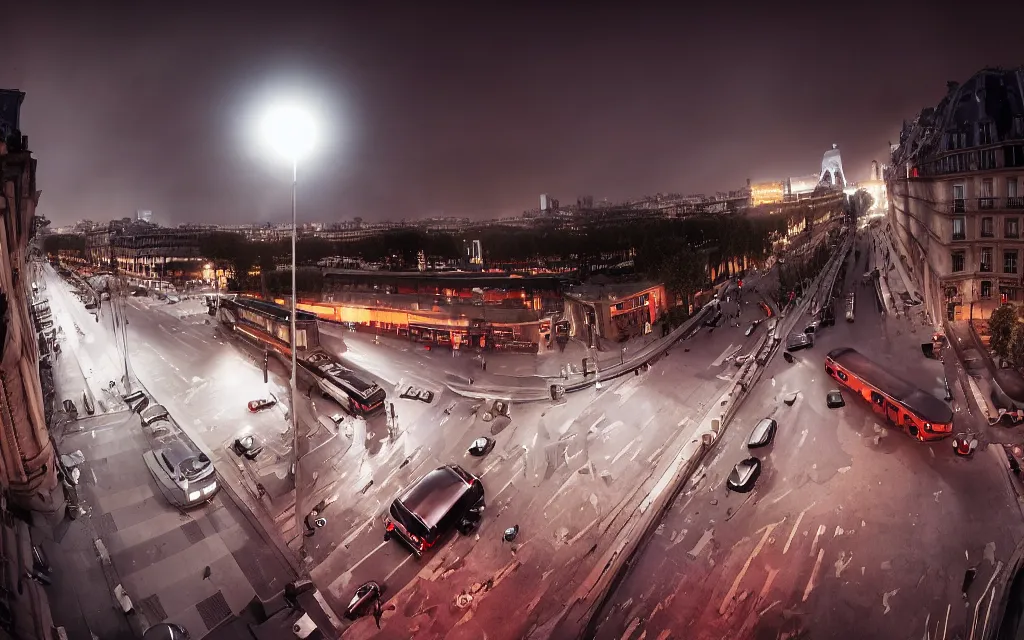 Image similar to One man in a trenchcoat shooting at a shadow monster with a pistol in a parisian street at night. Two cars are drifting around the monster with their lights on. Paris' Gare du Nord train station is visible in the background. 4k, dynamic, pulp, studio lighting, cinematic composition, HDR, colorfull, very low angle shot, (fish eye).