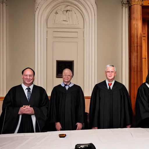 Prompt: high resolution photograph mitch mcconnell, samuel alito, and mike pence wearing black robes while seated at an ancient round table in a shadowy room, Nikon D810 | ISO 64 | focal length 20mm (Voigtländer 20mm f3.5) | Aperture f/9 | Exposure Time 1/40 Sec (DRI)