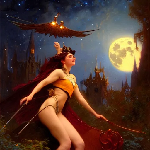 Image similar to attractive witch magically flying trough the night, fantasy, full moon in background. highly detailed painting by gaston bussiere, craig mullins, j. c. leyendecker 8 k