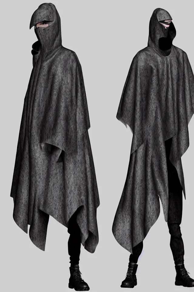 Image similar to realistic render, digital fashion, with Steve buacemi in tactical poncho designed by alexander mcqueen and acronym, rim light, high key, ultra detailed, hyperdetailed, dark backdrop