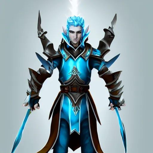Image similar to male high elf with light blue hair, black leather armor, by Naranbaatar Ganbold, trending on artstation, cinematic lighting