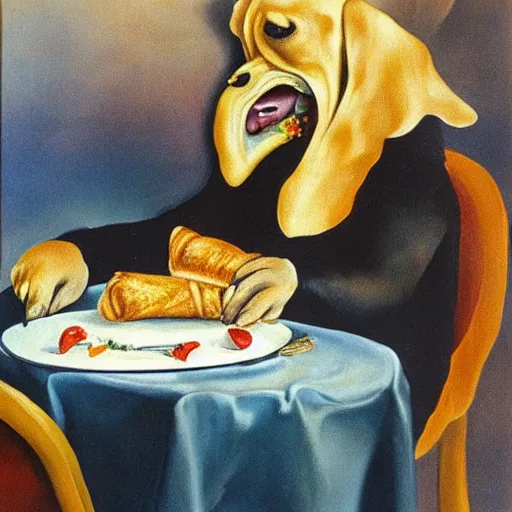 Prompt: dog eating croissants in paris, painted by dali