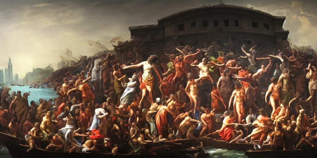 Image similar to a mix between the raft of the medusa and the school of athens, matte painting, oil canvas, photorealistic illustration, extreme detail, hyper realistic, highly detailed, digital art
