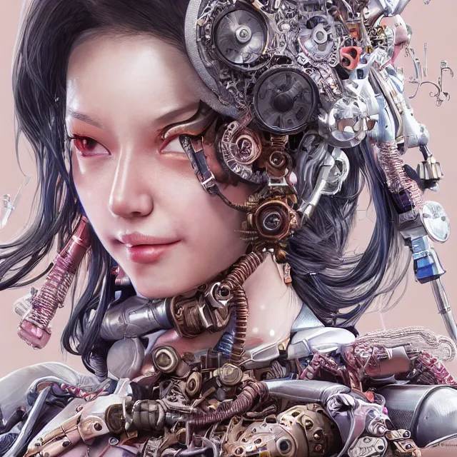 Image similar to the portrait of true neutral semi - colorful female cyborg mechanist as absurdly beautiful, gorgeous, elegant, young gravure idol, an ultrafine hyperdetailed illustration by kim jung gi, irakli nadar, intricate linework, bright colors, octopath traveler, final fantasy, unreal engine 5 highly rendered, global illumination, radiant light, detailed and intricate environment