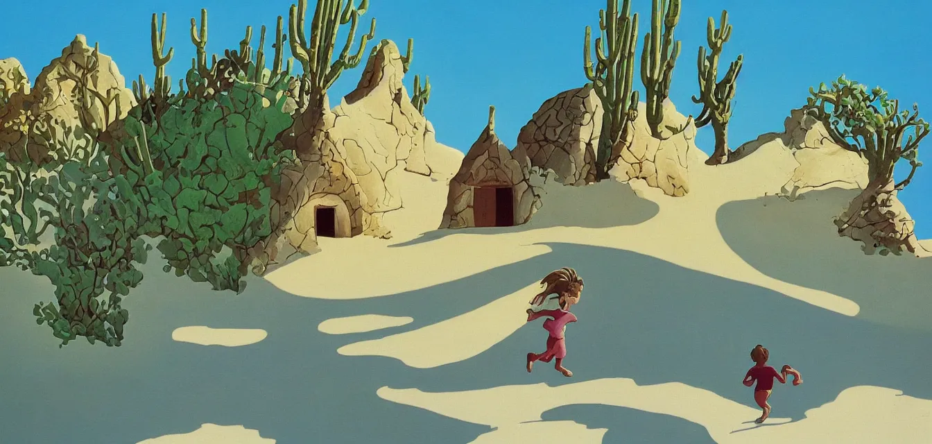 Image similar to animation background painting baja california desert by the sea, a seashell shaped house stands alone, a kid runs happily, by eyvind earle and maurice noble