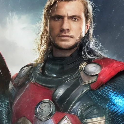 prompthunt: henry cavill as thor odinson from the avengers infinity war,  marvel concept art, hyperrealistic, detailed, accurate illustration,  dramatic lighting, action pose