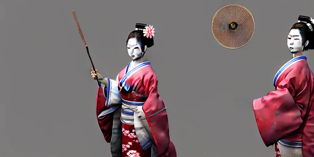 Prompt: painting of japanese geisha wielding a fan, immaculate scale, hyper-realistic, Unreal Engine, Octane Render, digital art, trending on Artstation, 8k, detailed, atmospheric, immaculate