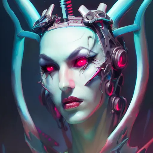 Image similar to a portrait of a beautiful demonic cybernetic queen of hell, cyberpunk concept art by pete mohrbacher and wlop and artgerm and josan gonzales, digital art, highly detailed, intricate, sci-fi, sharp focus, Trending on Artstation HQ, deviantart, unreal engine 5, 4K UHD image