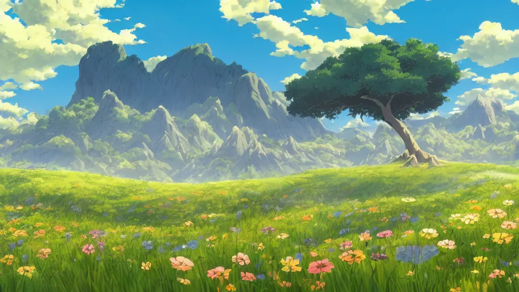 Image similar to fantastic anime sunny meadow with flowers, lone old Oak in the middle plane and mountains on the background, by Hayao Miyazaki, nausicaa of the valley of the wind, studio Ghibli style, Anime wallpaper, stunning