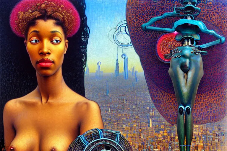 Image similar to realistic extremely detailed portrait painting of a beautiful black woman with a robot, city street on background by Jean Delville, Amano, Yves Tanguy, Ilya Repin, Alphonse Mucha, Ernst Haeckel, James C. Christensen, Edward Robert Hughes, Roger Dean, rich moody colours