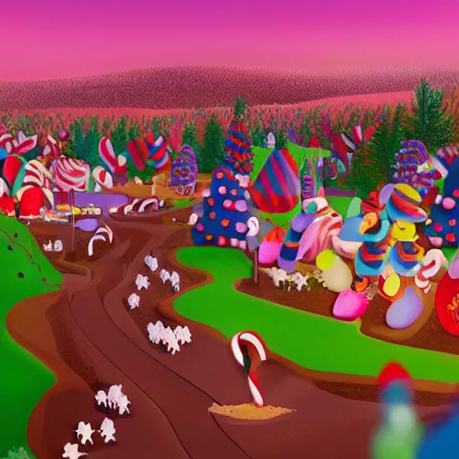 Image similar to Animated film still from a Pixar movie with a Candy land forest during christmas time with anthropomorphic ginger bread people and candy people, rivers made out of chocolate milk, the sky is pink, style of Pixar, Surreal, Angelic, HD, Hyper Realistic