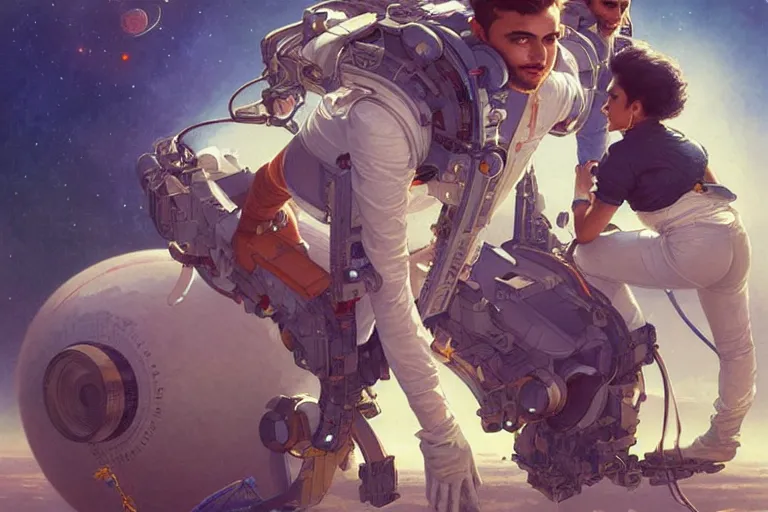 Image similar to Exhilarated good looking pale young Indian doctors wearing jeans in a space station above Earth, portrait, elegant, intricate, digital painting, artstation, concept art, smooth, sharp focus, illustration, art by artgerm and greg rutkowski and alphonse mucha