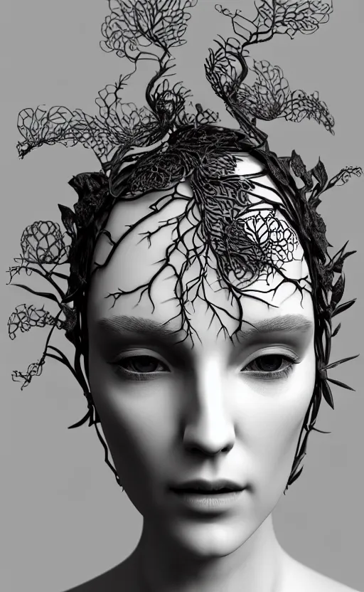 Prompt: complex 3d render ultra detailed of a beautiful porcelain glass profile woman face, black eyes, vegetal dragon cyborg, 150 mm, beautiful natural soft light, rim light, silver niobium details, magnolia big leaves and stems, roots, fine lace, maze like, mandelbot fractal, anatomical, facial muscles, cable wires, microchip, elegant, white metallic armor, octane render, black and white, H.R. Giger style