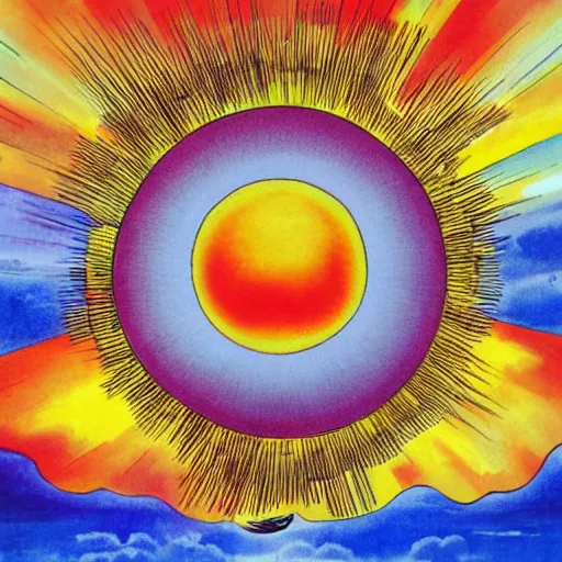 Prompt: A beautiful photograph of the sun. The sun is depicted as a large ball in the center of the piece, with rays of light emanating out from it in all directions. chinese watercolor by Richard Scarry, by Matt Groening, by Alan Moore decorative