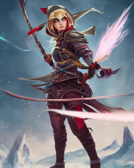 Prompt: female elf archer in a hoodie wielding a magical bow surrounded by wind particles, WLOP style, character art, fighting pose, mixed media, digital art, trending on artstation, 8k, epic composition, highly detailed, sharp focus