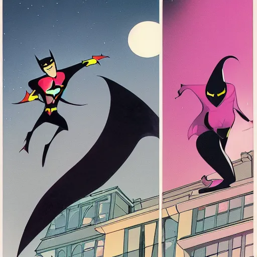 Prompt: batman the animated series, bruce timm, batman chasing catwoman on rooftop at night