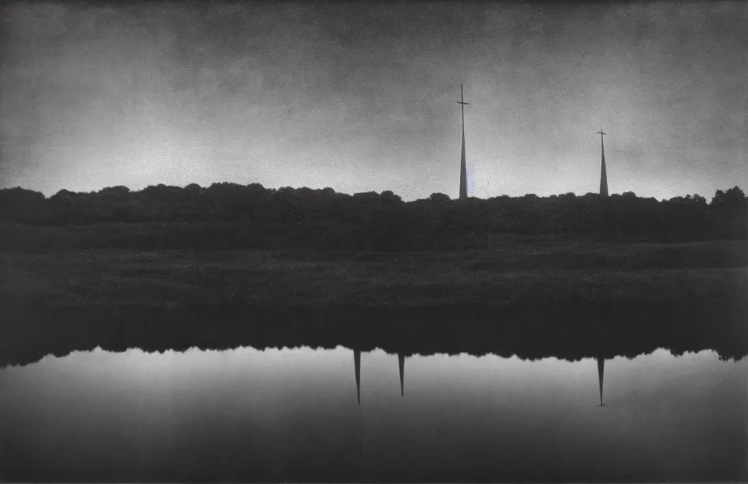 Prompt: suffolk landscape reflection of the hills actually impossible helicopter spotlight in this church interior, vertical lines suggest spirituality, rising beyond human reach toward the heavens. by katushiro otomo intact flawless ambrotype from 4 k criterion collection remastered cinematography gory horror film, ominous lighting, evil theme wow photo realistic postprocessing flicker of flame painting by claude gellee