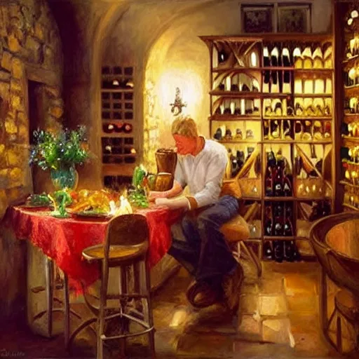 Image similar to wine cellar full of food, torches on the wall, schnapps, romantic, inviting, cozy, blonde woman, painting Vladimir Volegov