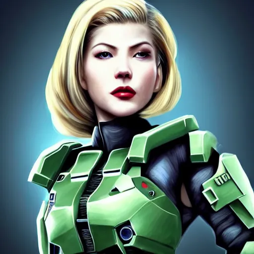 Image similar to A combination of Ada Wong's and Grace Kelly's and Katheryn Winnick's appearances with blonde hair wearing Master Chief's armor from Halo, high tech, action shot, angular, full body portrait, futuristic, dramatic, fantasy, intricate, elegant, highly detailed, digital painting, artstation, concept art, matte, sharp focus, illustration, 8K, art by tian zi and WLOP and alphonse mucha