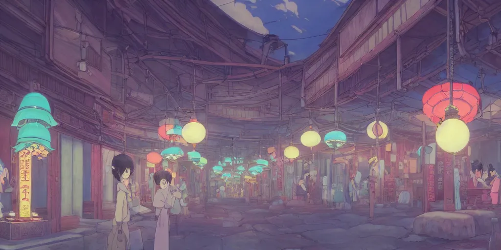 Prompt: bathhouse ( spirited away ), japanese, lanterns. photorealistic, expansive cinematic view, volumetric shading, intricate and detailed, highly saturated colors. breath of the wild style, by hayao miyazaki ghibli!!!. pastel!! pink accents. trending on artstation. award winning