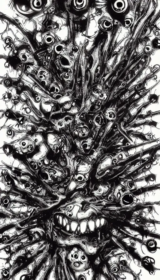 Image similar to a storm vortex made of many demonic eyes and teeth, by yoshitaka amano,