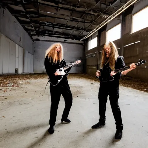 Image similar to two electric guitar players in jumpsuits, playing death metal in an abandoned warehouse