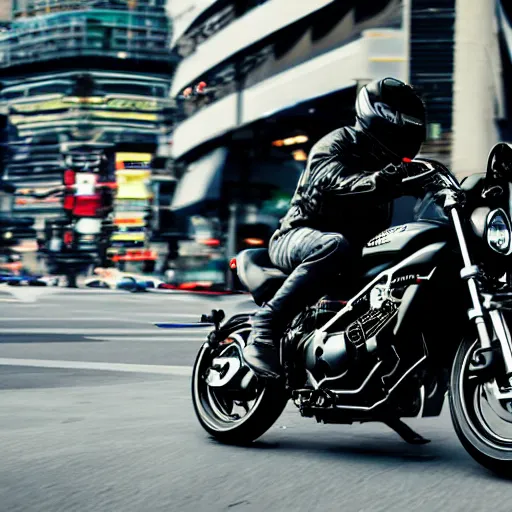 Image similar to a black ( ( ( honda cmx 5 0 0 rebel ) ) ) motorcycle, ridden fast by a metallic futuristic alien cyborg, through the streets of 2 0 5 0's tokyo, neon signs, blurred crowded streets, slight motion blur background