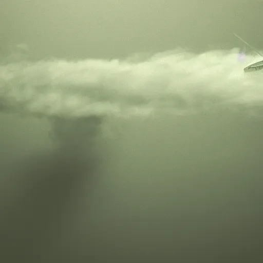 Image similar to green fog clouds with airship, dimensional travel, hd