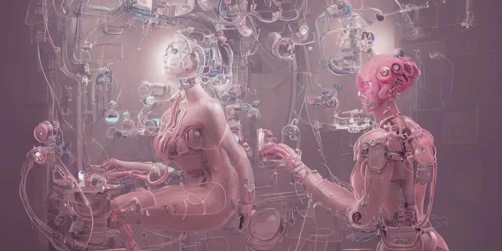 Image similar to hyperrealistic photography of a gorgeous cabled female cyborg scientist making a machine that makes pink bubbles in the style of Jin Kagetsu, James Jean and wlop, highly detailed, masterpiece, award-winning, sharp focus, intricate concept art, ambient lighting, 8k, artstation