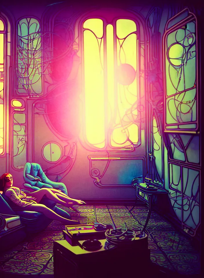 Image similar to telephoto 7 0 mm f / 2. 8 iso 2 0 0 photograph depicting the feeling of chrysalism in a cosy safe cluttered french sci - fi ( ( art nouveau ) ) cyberpunk apartment in a pastel dreamstate art cinema style. ( person relaxing living room near ) ( ( fish tank ) ), ambient light.