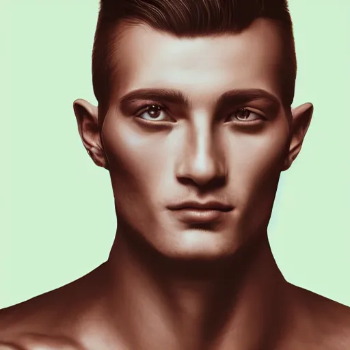 Prompt: Portrait of a handsome man who is half robot, half the head is human half is robot, Photorealistic digital art