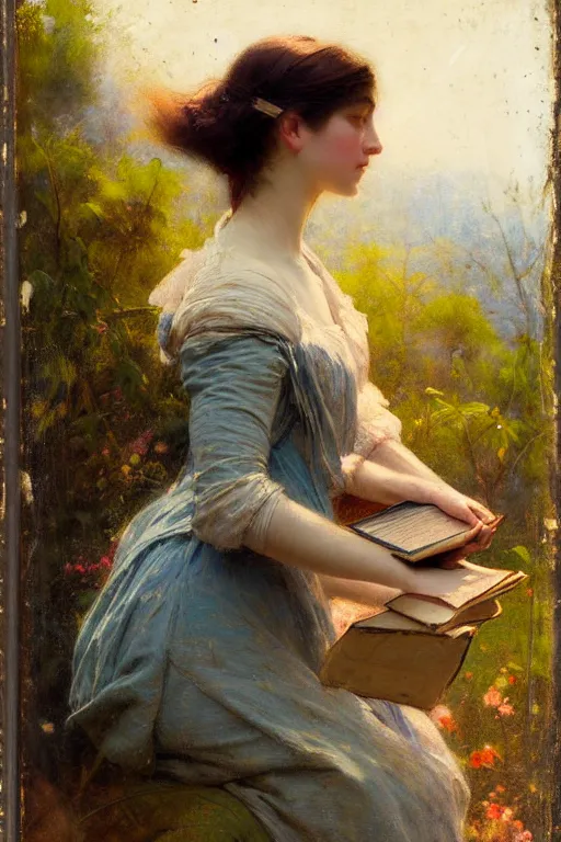 Prompt: soft colorsphotograph imax and solomon joseph solomon and richard schmid and jeremy lipking victorian loose genre loose painting full stack of books