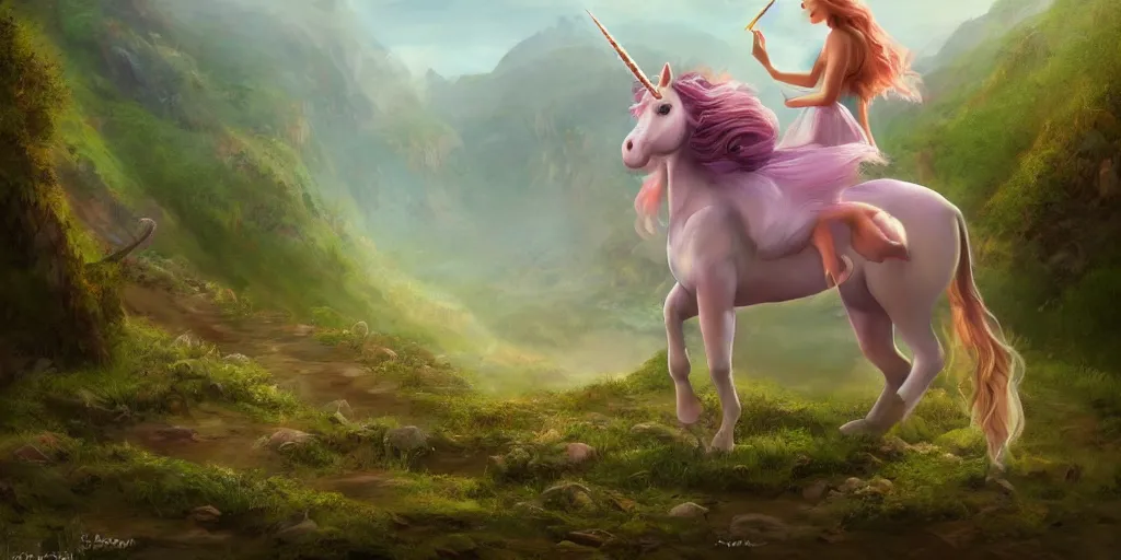 Image similar to full body fairy little girl riding a unicorn in pacing through hills, crossing the river, mountain valley to fortress, fine art, artstation, digital art, masterpiece