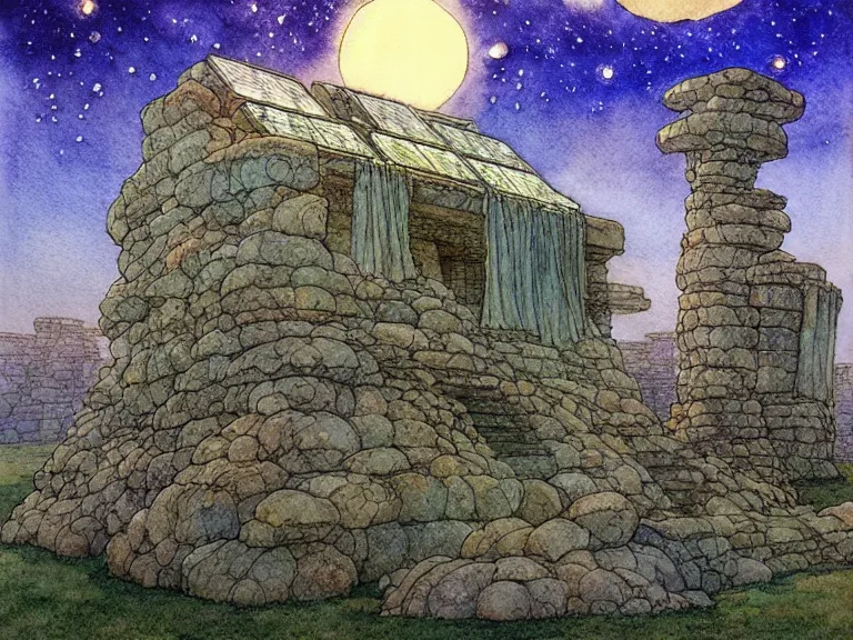 Image similar to hyperrealist studio ghibli watercolor fantasy concept art of an immense earthship solar home sitting on stonehenge like a stool. it is a misty starry night. by rebecca guay, michael kaluta, charles vess