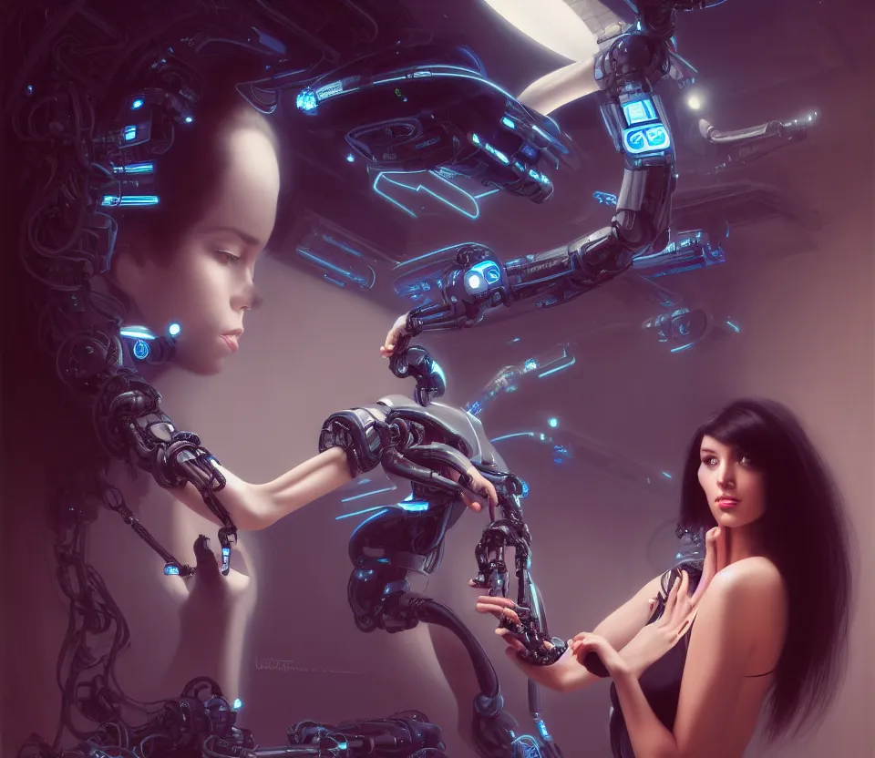 Prompt: beauty young spanish woman with long black hair with futuristic robotic arms, interacting withholograms of alien artifacts, electrical case display, Total Recall tech, ultrarealistic, dramatic lighting, electrical details, high details, 4k, 8k, best, accurate, trending on artstation, artstation, photorealism, ultrarealistic, digital painting, style of Peter Mohrbacher, Caravaggio, Hajime Sorayama and Boris Vallejo