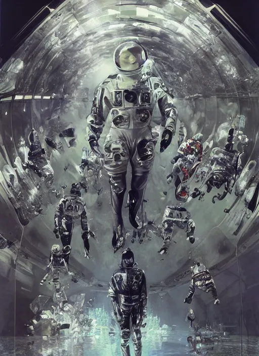 Image similar to astronauts in the dark infinite underwater void - complex and hyperdetailed technical suit, fabric material. reflection and dispersion materials. rays and dispersion of light. volumetric light. wide angle, f / 3 2. noise film photo. flash photography. ultra realistic, wide angle. poster by wayne barlowe, hajime sorayama aaron horkey, craig mullins