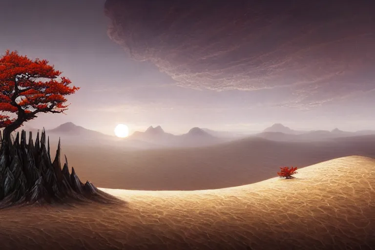 Image similar to cinematic fantasy landscape painting, an eclipse, over an autumn maple bonsai grows on a desolate sand dune in front of a primordial mountainous landscape by hr giger and jessica rossier