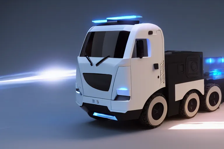 Image similar to still photo of a futuristic remote control truck, highly detailed, photorealistic portrait, bright studio setting, studio lighting, crisp quality and light reflections, unreal engine 5 quality render