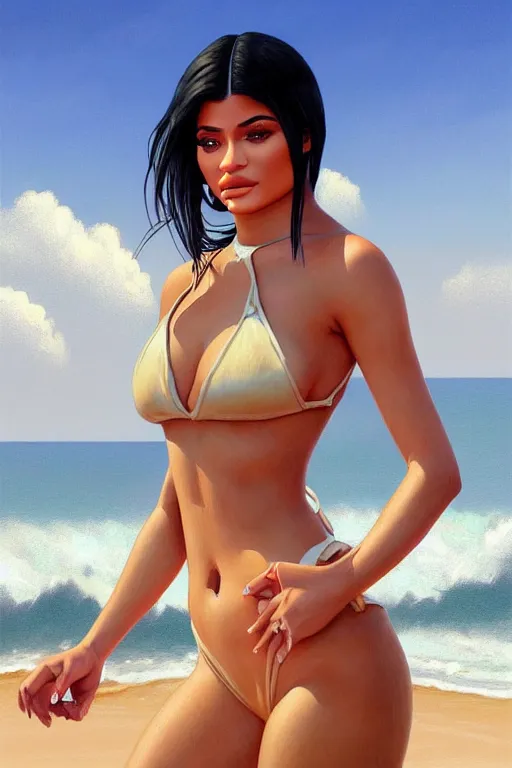 Image similar to clear portrait of kylie jenner on the beach, cottagecore!!, background hyper detailed, character concept, full body, dynamic pose, elegant, intricate, highly detailed, digital painting, artstation, concept art, smooth, sharp focus, illustration, art by artgerm and greg rutkowski and alphonse mucha