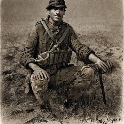 Image similar to a detailed photorealistic sepia - toned color portrait painting of a 1 9 1 7 worried clean - shaven british lieutenant in field gear in north arabia examining an ancient cylindrical clay jar, ultra realistic, intricate details, atmospheric, dark, horror, brooding, highly detailed, by clyde caldwell