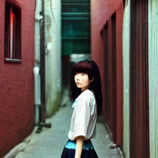 Image similar to 1990s perfect 8K HD professional photo of close-up japanese schoolgirl posing in sci-fi dystopian alleyway, at instagram, Behance, Adobe Lightroom, with instagram filters, depth of field, taken with polaroid kodak portra