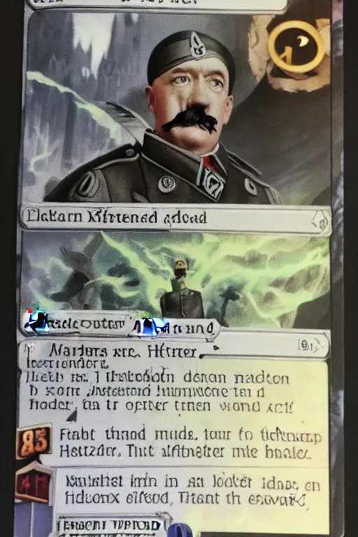 Image similar to a photo showing a magic the gathering card in it's full glory, depicting adolf hitler as a wizzard, 8 k, ultra realistic,